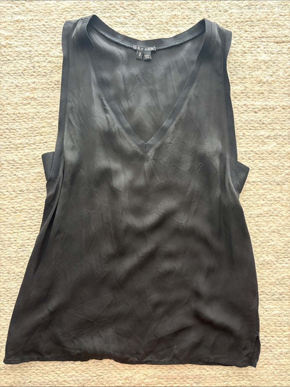 Theory Black 100% Silk V-Neck Sleeveless Camisole with Cut Outs